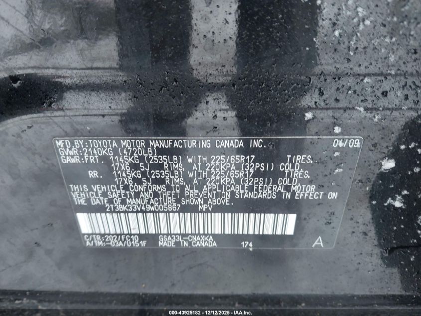 2009 Toyota Rav4 Base V6 VIN: 2T3BK33V49W005867 Lot: 43925182