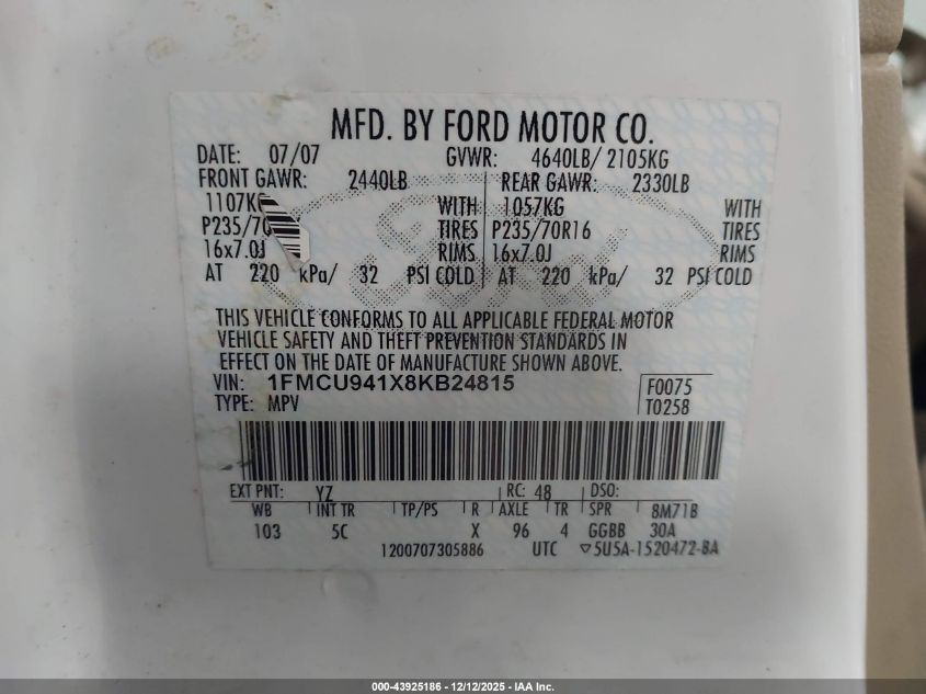 2008 Ford Escape Limited VIN: 1FMCU941X8KB24815 Lot: 43925186