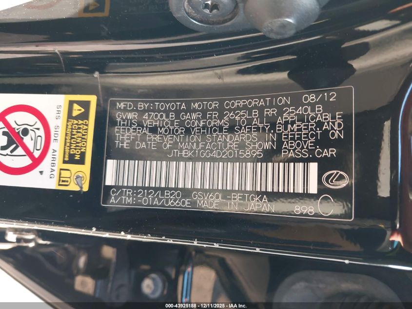 2013 Lexus Es 350 VIN: JTHBK1GG4D2015895 Lot: 43925188