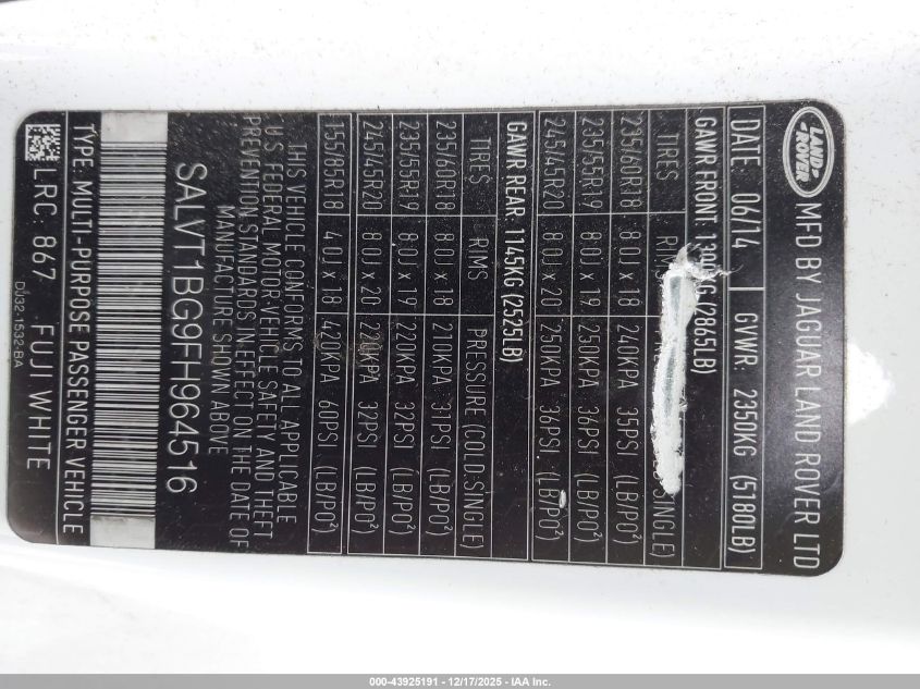 2015 Land Rover Range Rover Evoque Dynamic VIN: SALVT1BG9FH964516 Lot: 43925191