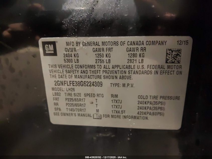 2016 Chevrolet Equinox Lt VIN: 2GNFLFE38G6224309 Lot: 43925192