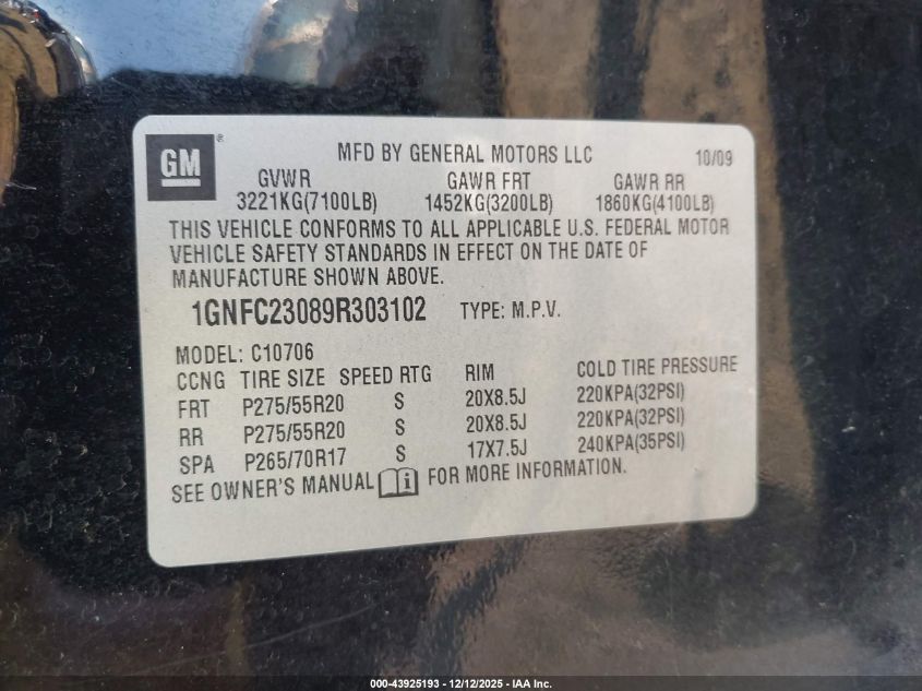 2009 Chevrolet Tahoe Lt1 VIN: 1GNFC23089R303102 Lot: 43925193