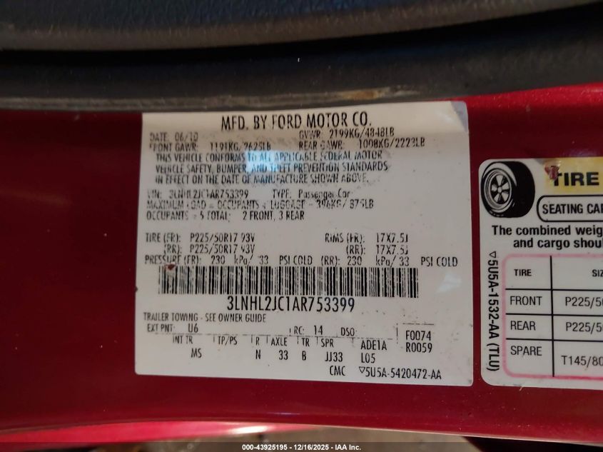 2010 Lincoln Mkz VIN: 3LNHL2JC1AR753399 Lot: 43925195