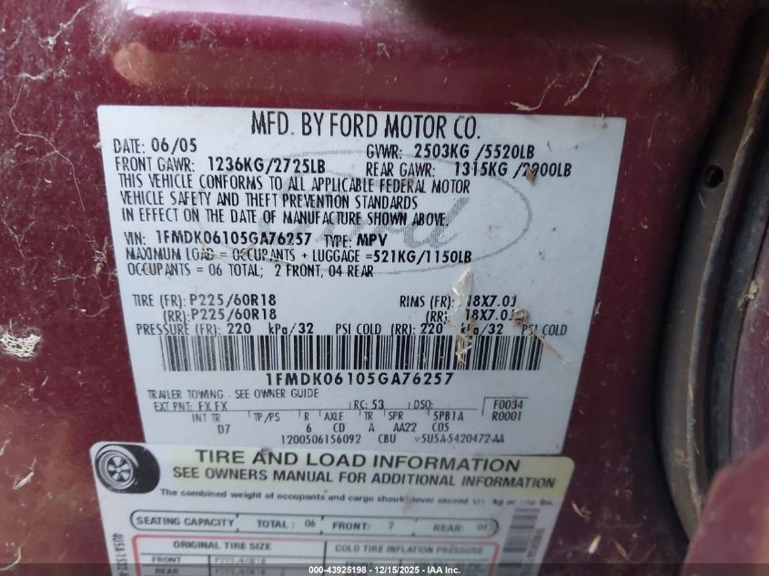 2005 Ford Freestyle Limited VIN: 1FMDK06105GA76257 Lot: 43925198