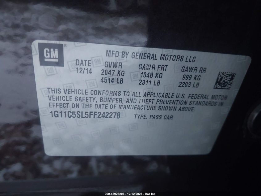 2015 Chevrolet Malibu 1Lt VIN: 1G11C5SL5FF242278 Lot: 43925206