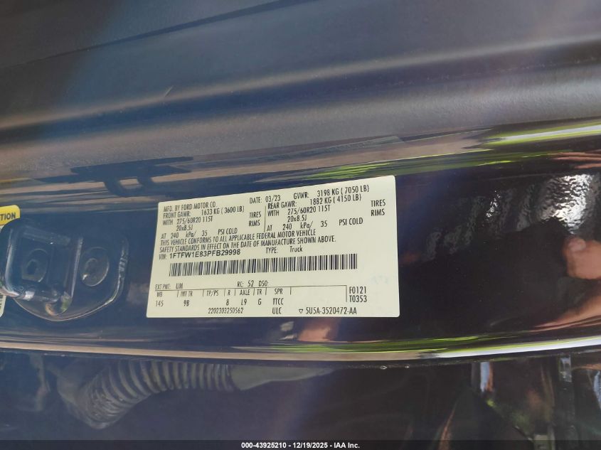 2023 Ford F-150 Platinum VIN: 1FTFW1E83PFB29998 Lot: 43925210