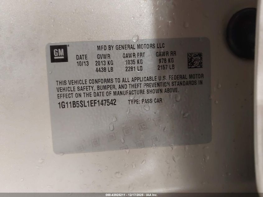 2014 Chevrolet Malibu 1Ls VIN: 1G11B5SL1EF147542 Lot: 43925211