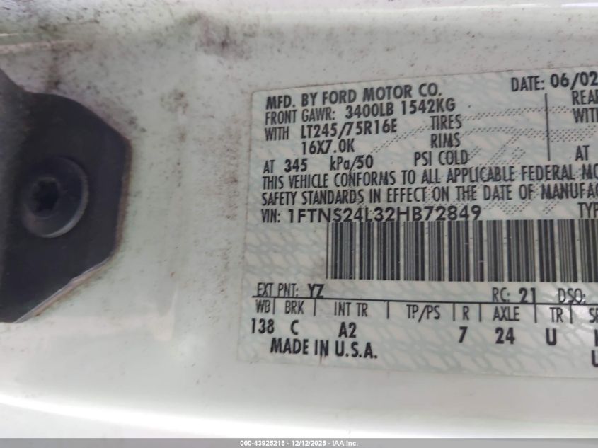 2002 Ford E-250 Commercial/Recreational VIN: 1FTNS24L32HB72849 Lot: 43925215