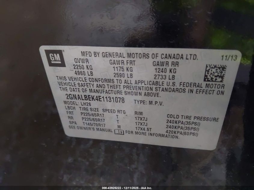 2014 Chevrolet Equinox 1Lt VIN: 2GNALBEK4E1131078 Lot: 43925222