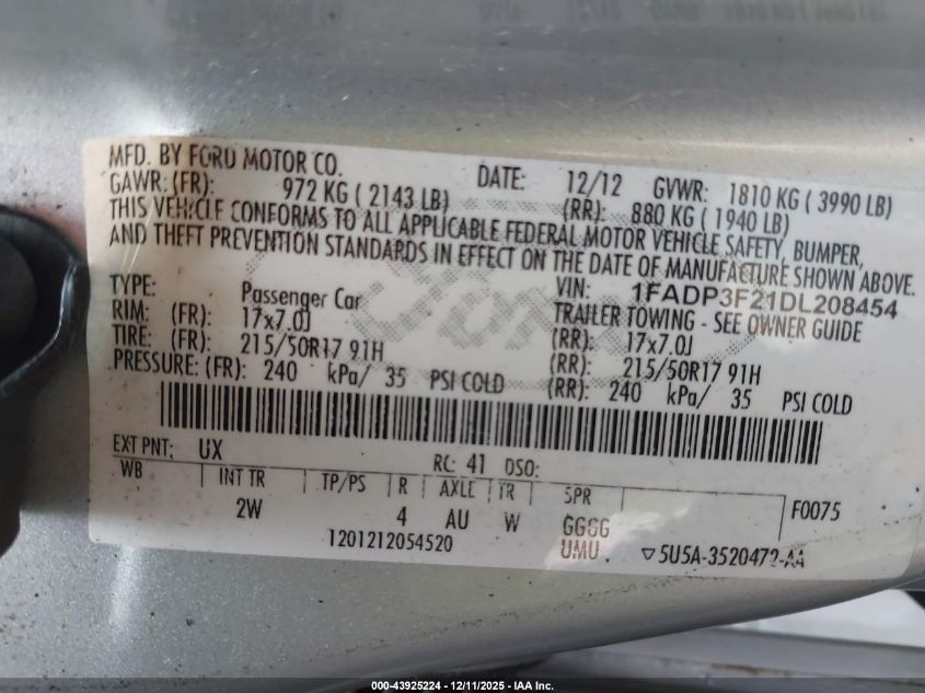 2013 Ford Focus Se VIN: 1FADP3F21DL208454 Lot: 43925224