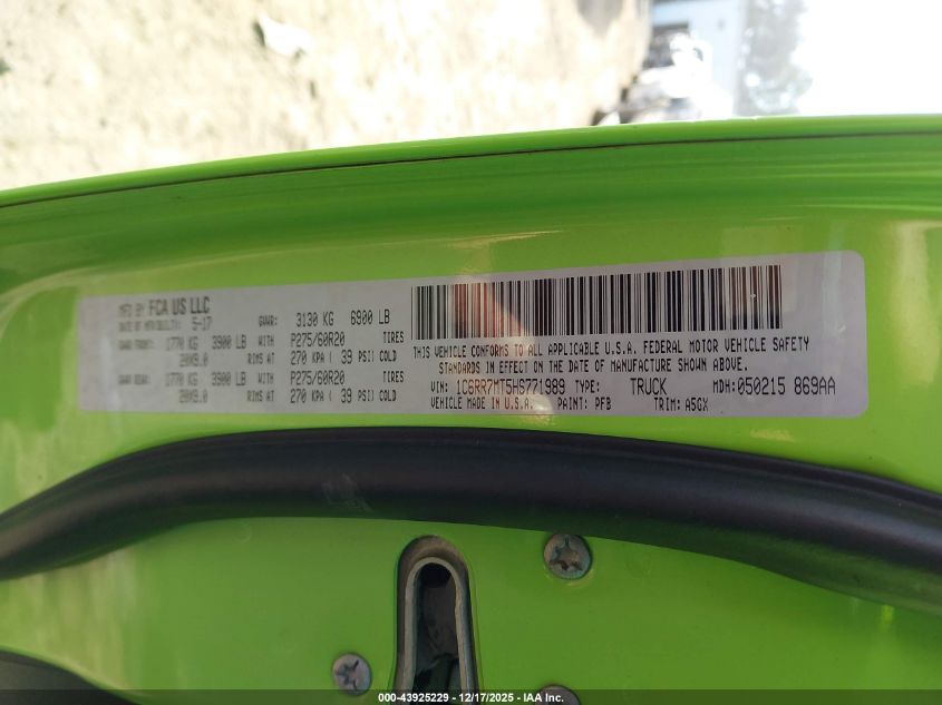 2017 Ram 1500 Sport 4X4 5'7 Box VIN: 1C6RR7MT5HS771989 Lot: 43925229