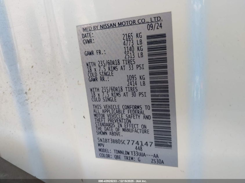 2025 Nissan Rogue Sv Intelligent Awd VIN: 5N1BT3BB0SC774147 Lot: 43925233