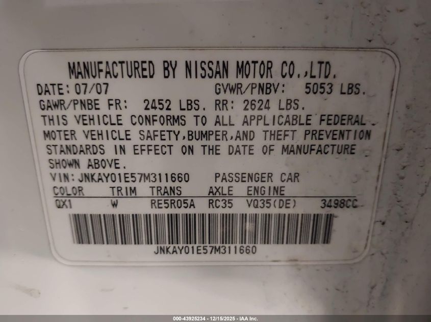 2007 Infiniti M35 Sport VIN: JNKAY01E57M311660 Lot: 43925234