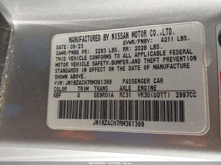 2024 Nissan Z Nismo Auto VIN: JN1BZ4CH7RM361399 Lot: 43925235