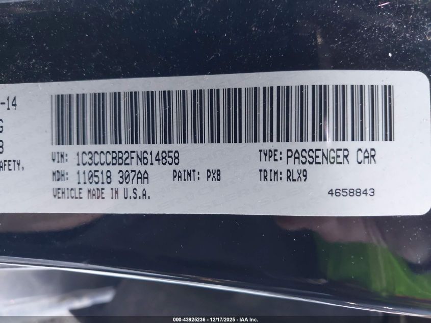 2015 Chrysler 200 S VIN: 1C3CCCBB2FN614858 Lot: 43925236