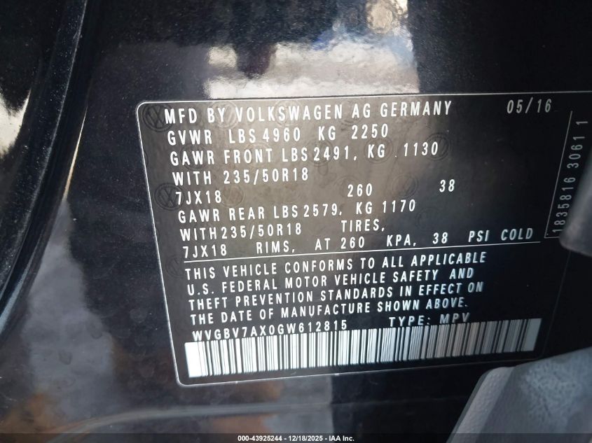 2016 Volkswagen Tiguan Se VIN: WVGBV7AX0GW612815 Lot: 43925244