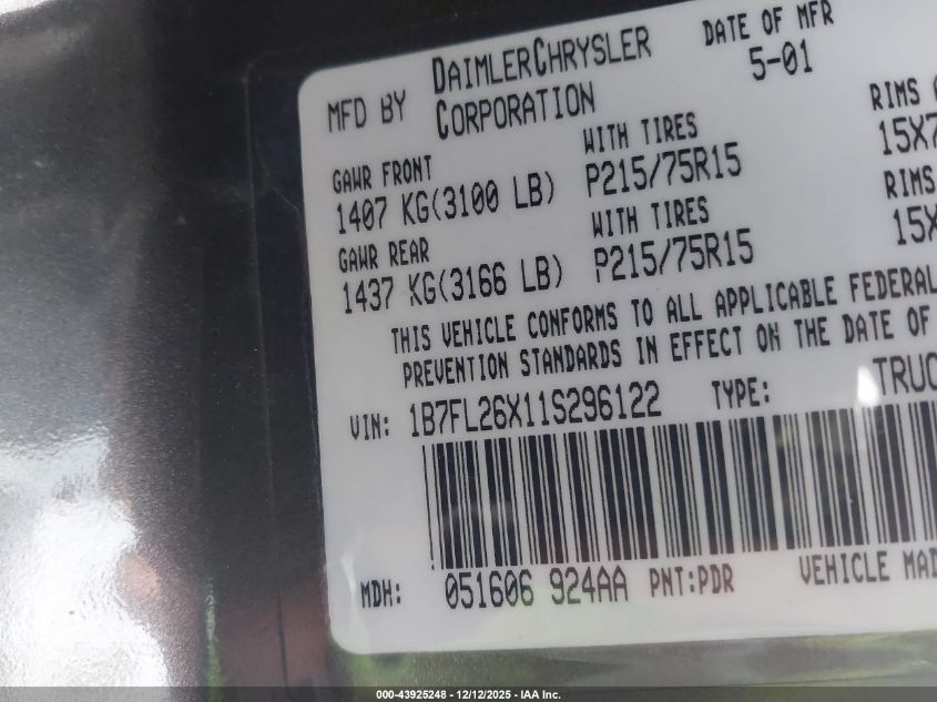 2001 Dodge Dakota Slt/Sport VIN: 1B7FL26X11S296122 Lot: 43925248