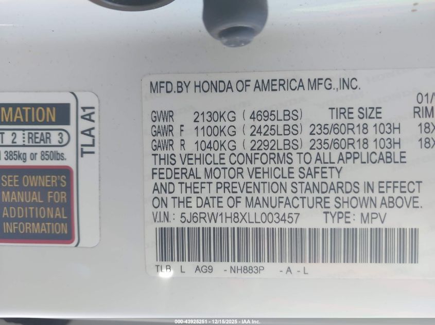 2020 Honda Cr-V 2Wd Ex-L VIN: 5J6RW1H8XLL003457 Lot: 43925251