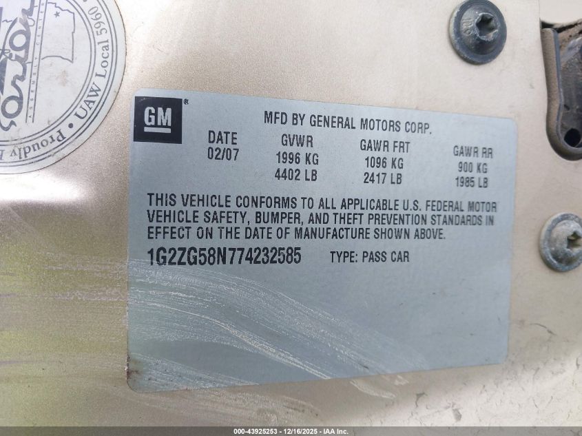 2007 Pontiac G6 VIN: 1G2ZG58N774232585 Lot: 43925253