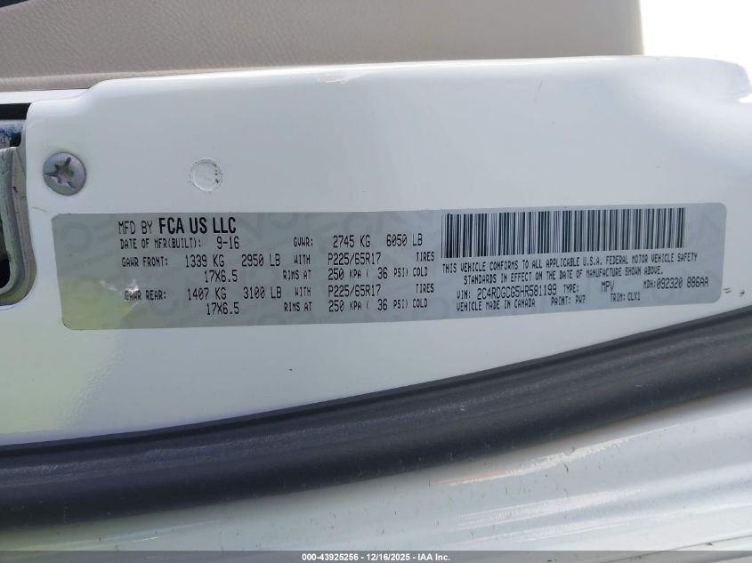 2017 Dodge Grand Caravan Sxt VIN: 2C4RDGCG5HR581199 Lot: 43925256