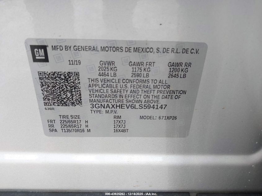 2020 Chevrolet Equinox Fwd Ls VIN: 3GNAXHEV6LS594147 Lot: 43925262