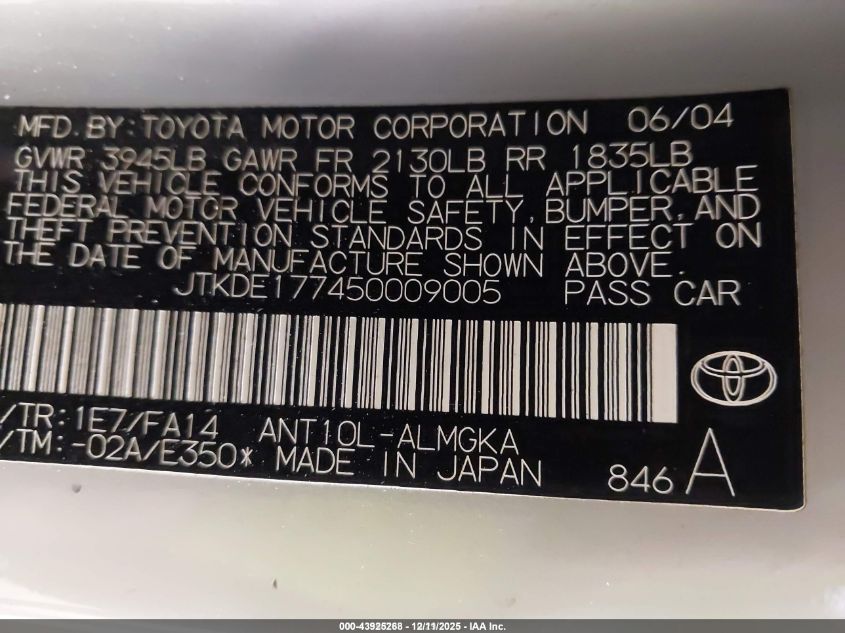 2005 Scion Tc VIN: JTKDE177450009005 Lot: 43925268