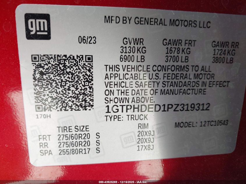 2023 GMC Sierra 1500 2Wd Short Box Slt VIN: 1GTPHDED1PZ319312 Lot: 43925269
