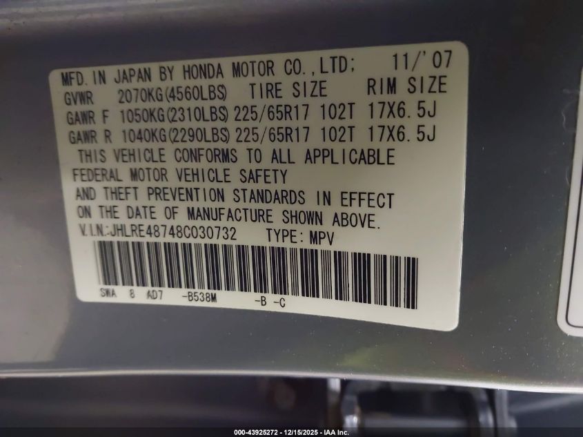 2008 Honda Cr-V Ex-L VIN: JHLRE48748C030732 Lot: 43925272