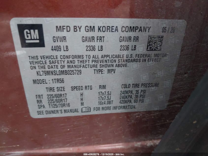 2021 Chevrolet Trailblazer Awd Ls VIN: KL79MNSL0MB025729 Lot: 43925276