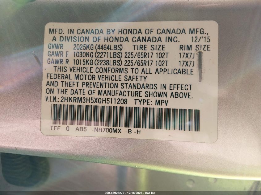 2016 Honda Cr-V Ex VIN: 2HKRM3H5XGH511208 Lot: 43925279