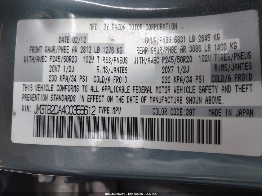 2012 Mazda Cx-9 Grand Touring VIN: JM3TB2DA4C0355612 Lot: 43925281