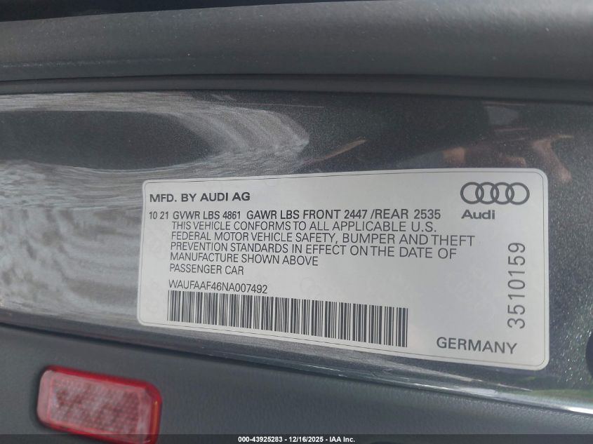 2022 Audi A4 Prestige 45 Tfsi S Line Quattro S Tronic VIN: WAUFAAF46NA007492 Lot: 43925283