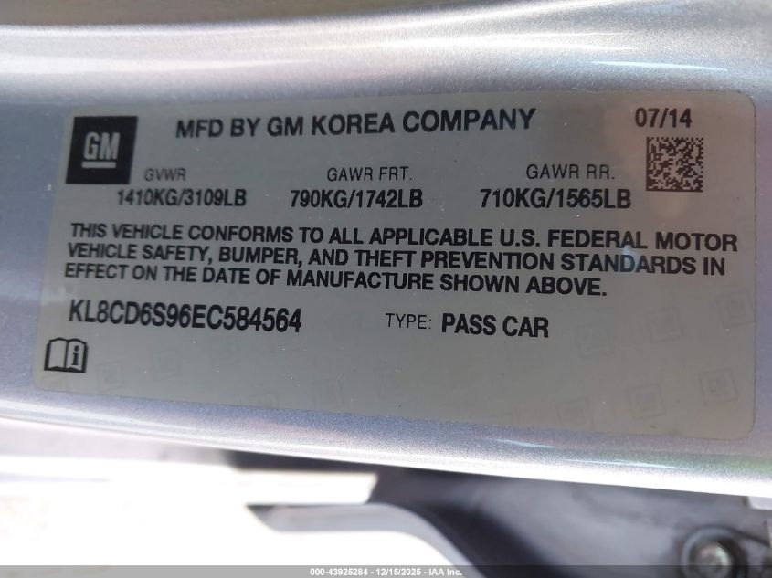 2014 Chevrolet Spark 1Lt Auto VIN: KL8CD6S96EC584564 Lot: 43925284