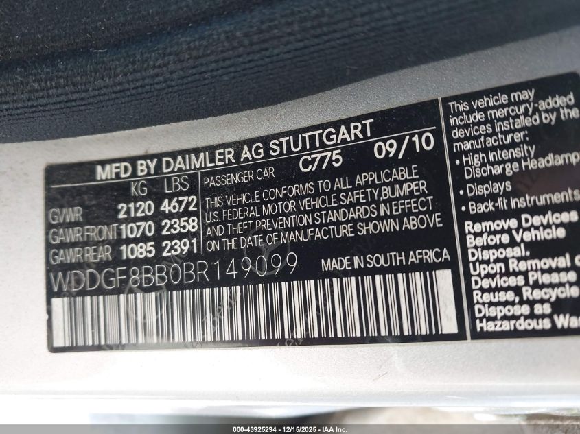 2011 Mercedes-Benz C 300 Luxury 4Matic/Sport 4Matic VIN: WDDGF8BB0BR149099 Lot: 43925294