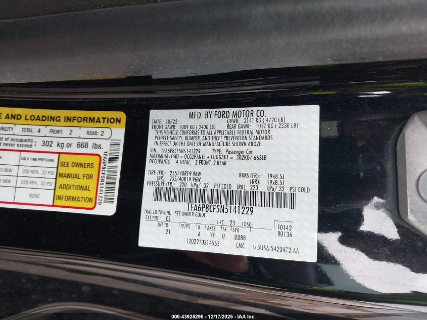 2022 Ford Mustang Gt Fastback VIN: 1FA6P8CF5N5141229 Lot: 43925298