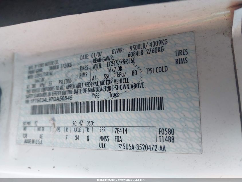 2007 Ford E-350 Super Duty Commercial/Recreational VIN: 1FTSE34L97DA56845 Lot: 43919290