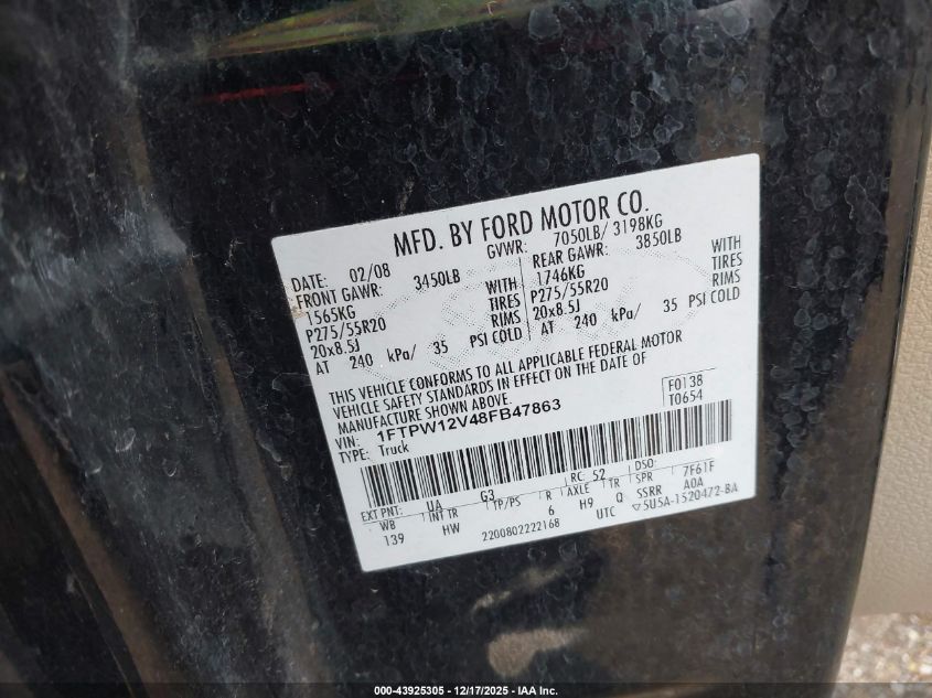 2008 Ford F-150 60Th Anniversary/Fx2/King Ranch/Lariat/Xlt VIN: 1FTPW12V48FB47863 Lot: 43925305