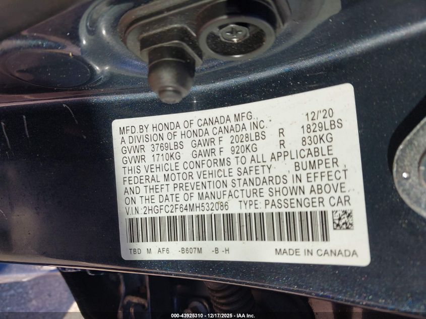 2021 Honda Civic Lx VIN: 2HGFC2F64MH532086 Lot: 43925310