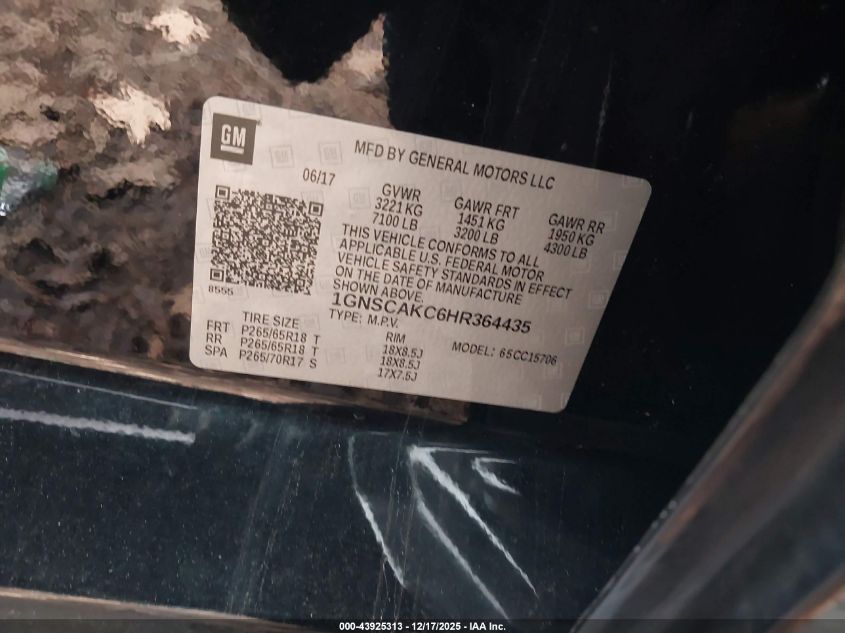 2017 Chevrolet Tahoe Ls VIN: 1GNSCAKC6HR364435 Lot: 43925313