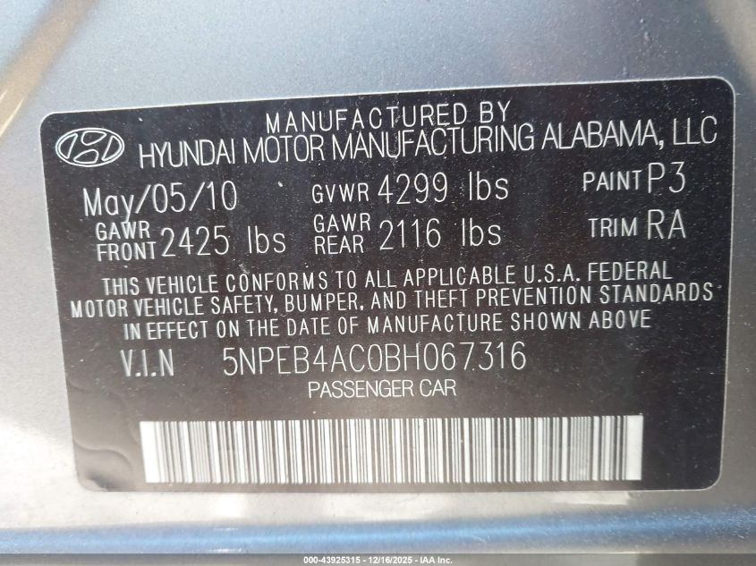 2011 Hyundai Sonata Gls VIN: 5NPEB4AC0BH067316 Lot: 43925315