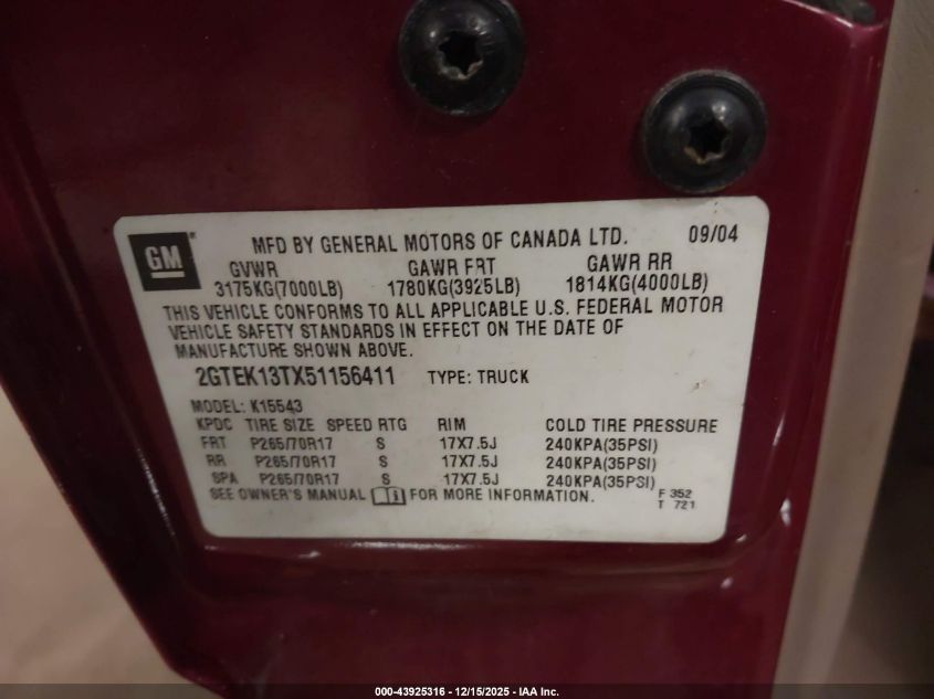 2005 GMC Sierra 1500 Sle VIN: 2GTEK13TX51156411 Lot: 43925316