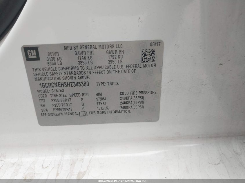 2017 Chevrolet Silverado 1500 Wt VIN: 1GCRCNEH3HZ345380 Lot: 43925319