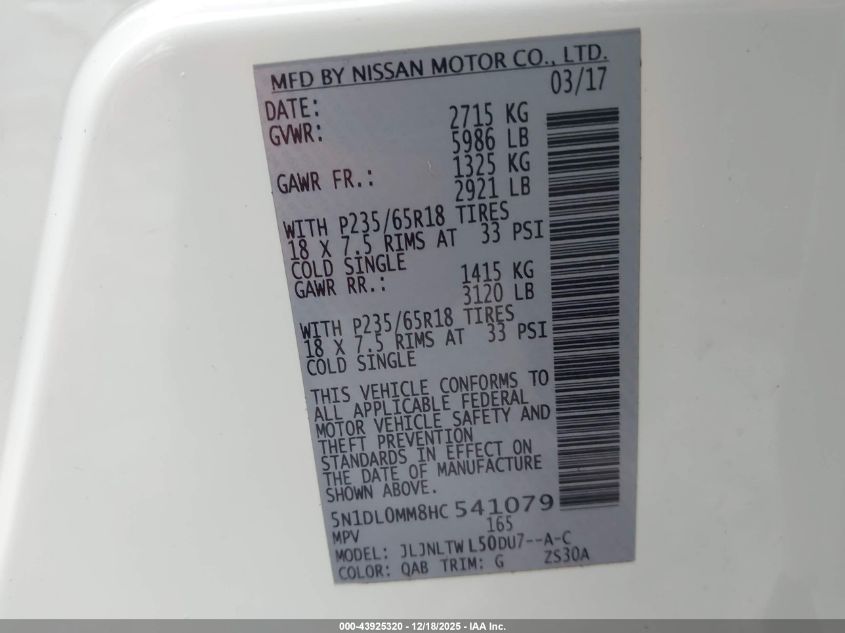 2017 Infiniti Qx60 VIN: 5N1DL0MM8HC541079 Lot: 43925320