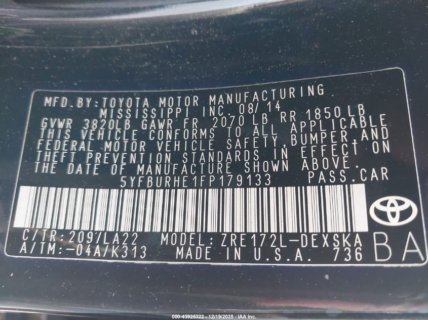 2015 Toyota Corolla S Premium VIN: 5YFBURHE1FP179133 Lot: 43925322