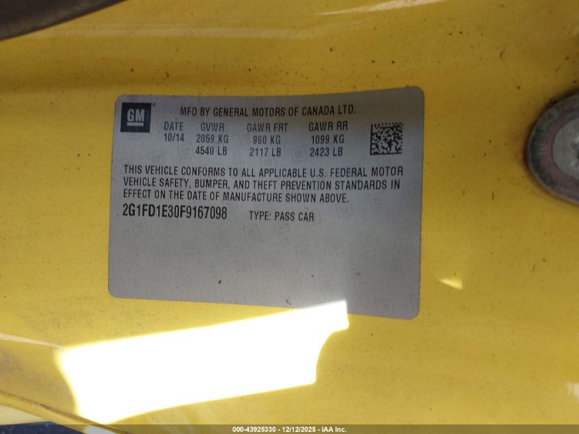 2015 Chevrolet Camaro 1Lt VIN: 2G1FD1E30F9167098 Lot: 43925330