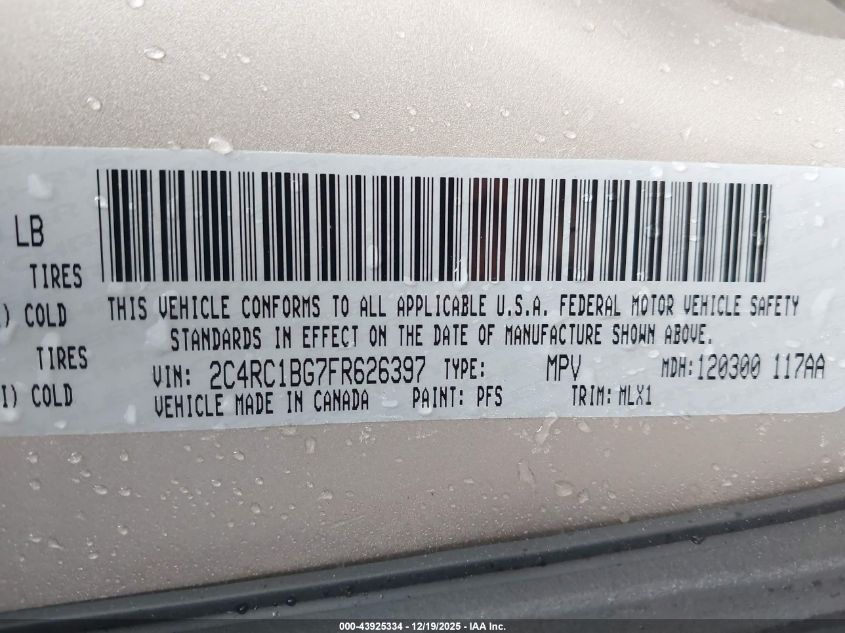 2015 Chrysler Town & Country Touring VIN: 2C4RC1BG7FR626397 Lot: 43925334