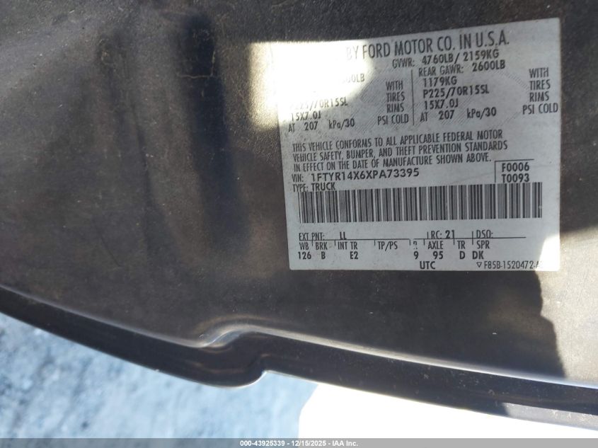 1999 Ford Ranger Xlt VIN: 1FTYR14X6XPA73395 Lot: 43925339