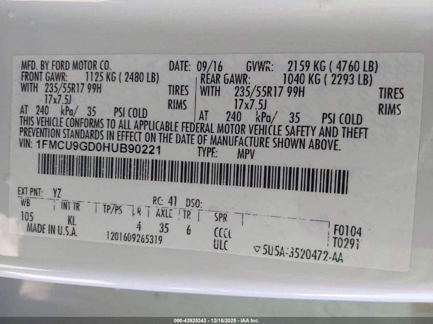 2017 Ford Escape Se VIN: 1FMCU9GD0HUB90221 Lot: 43925342