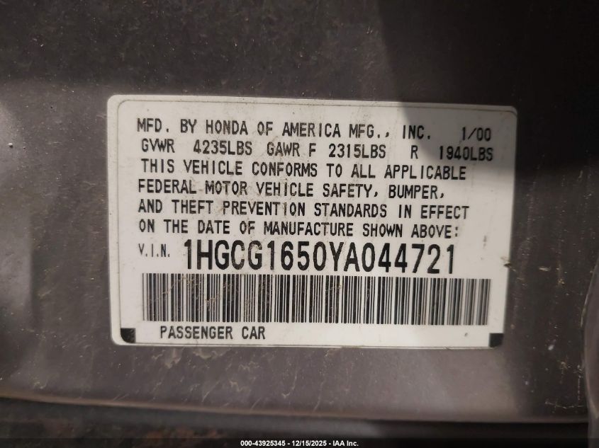 2000 Honda Accord 3.0 Ex VIN: 1HGCG1650YA044721 Lot: 43925345