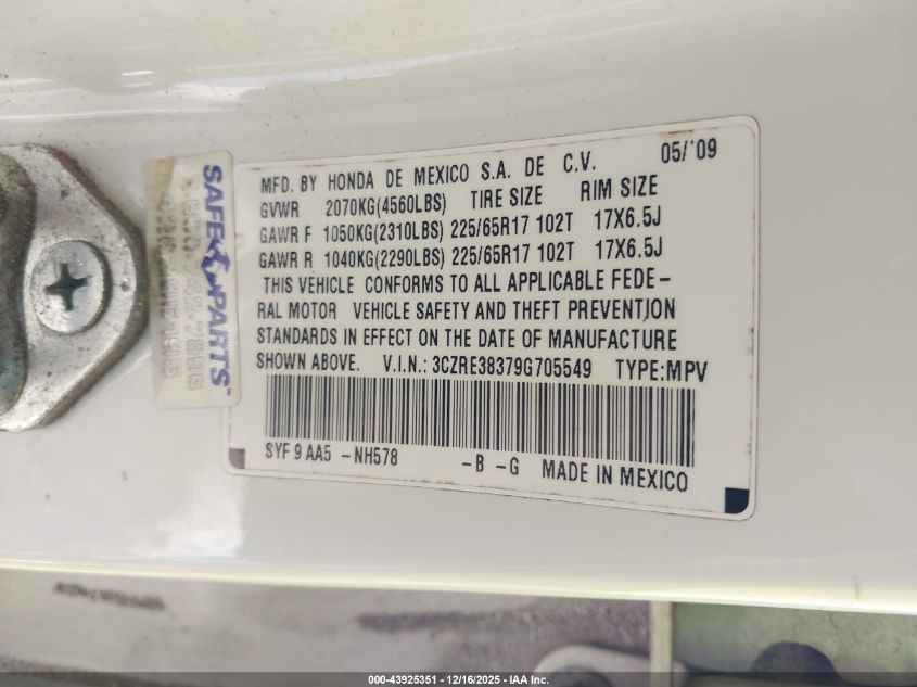 2009 Honda Cr-V Lx VIN: 3CZRE38379G705549 Lot: 43925351